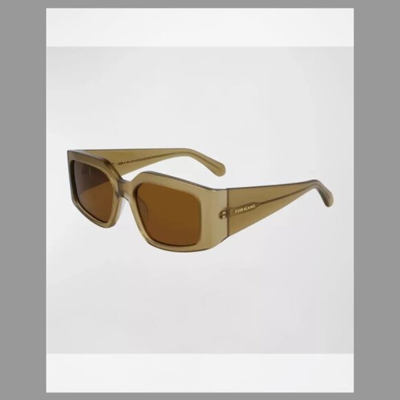 Ferragamo Micro-Logo Acetate Rectangle Sunglasses     (Color: Opaline olive)